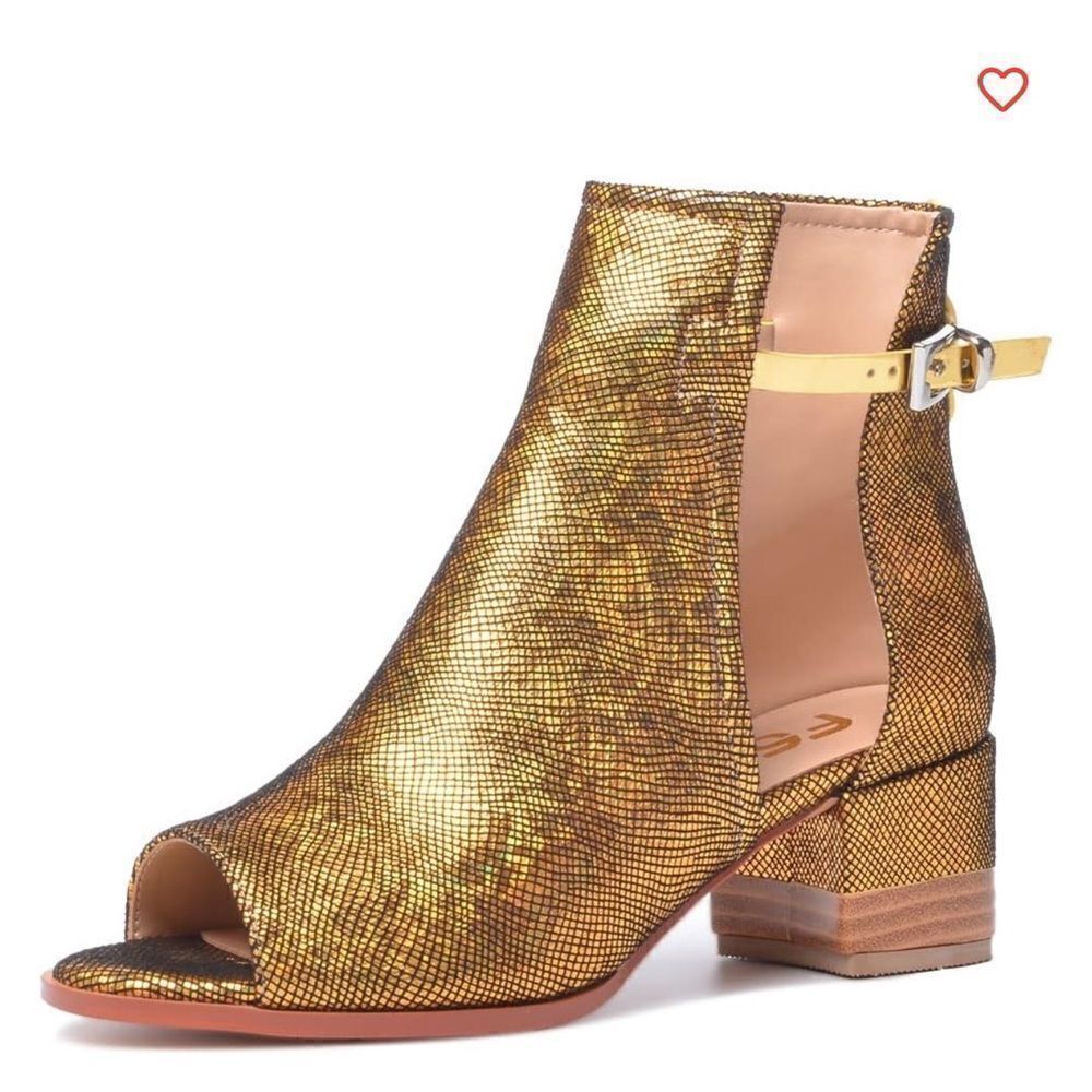 RJS Peep Open Toe Sandals Boot Cut Out Ankle Bootie Gold Sequins 10.5 EUC